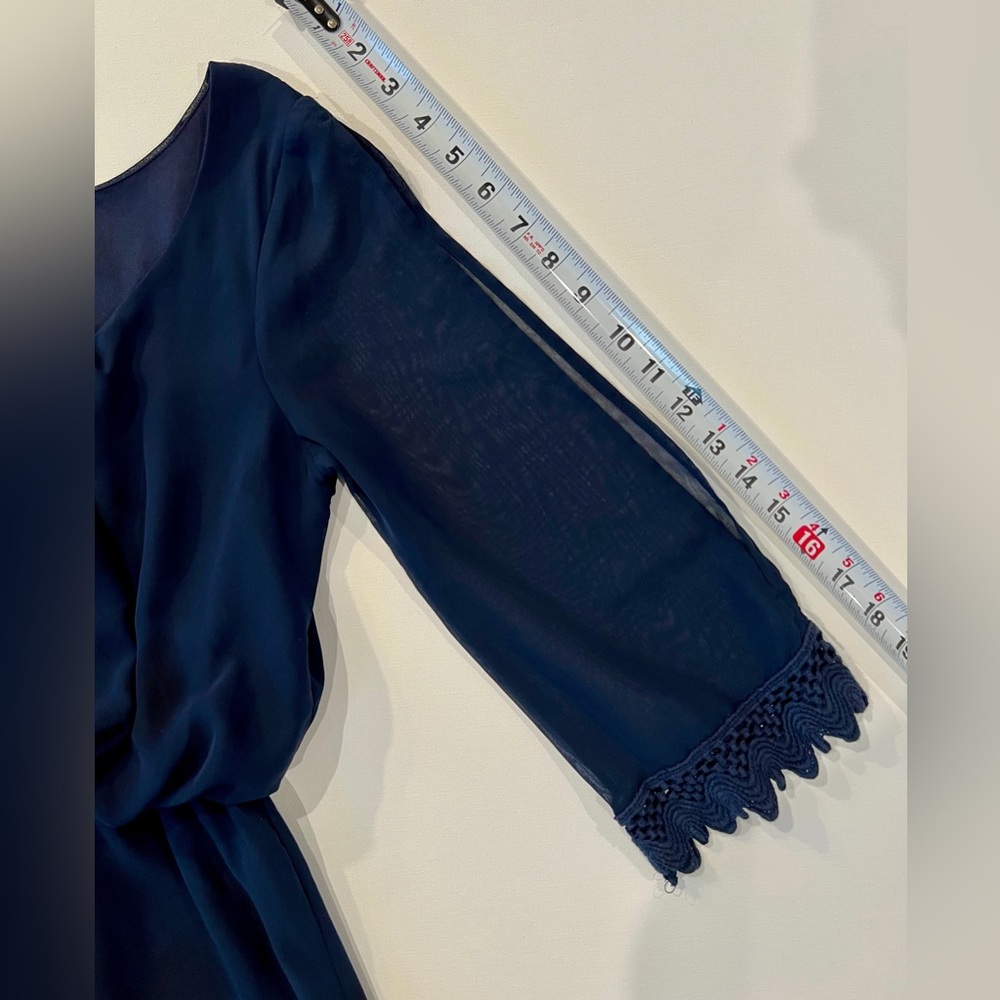 City Studio Crochet Blouson Waist Split Sleeve Navy Dress Sheer Small Delicate - Picture 8 of 15